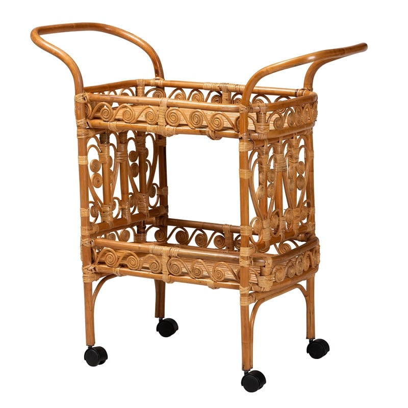 Pemberly Row Modern Bohemian Natural Brown Rattan Kitchen Cart
