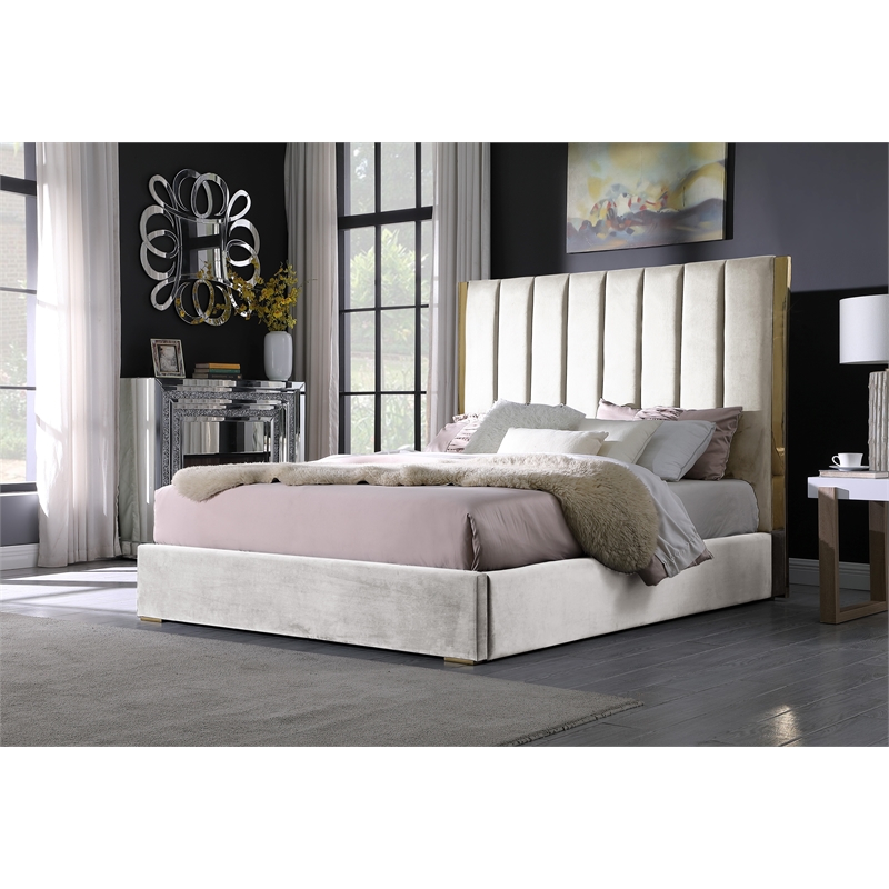 Pemberly Row Beige Velvet Queen Platform Bed with Gold Accents