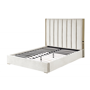 Pemberly Row Beige Velvet Queen Platform Bed with Gold Accents