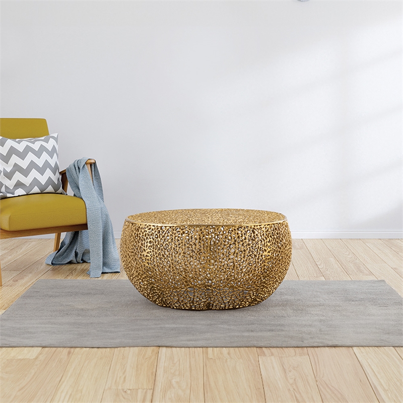 Pemberly Row Round Coffee Table Made with Aluminum in Gold Color
