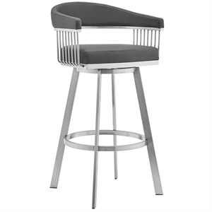 Pemberly Row 26&quot Faux Leather Swivel Counter Stool in Gray/Steel