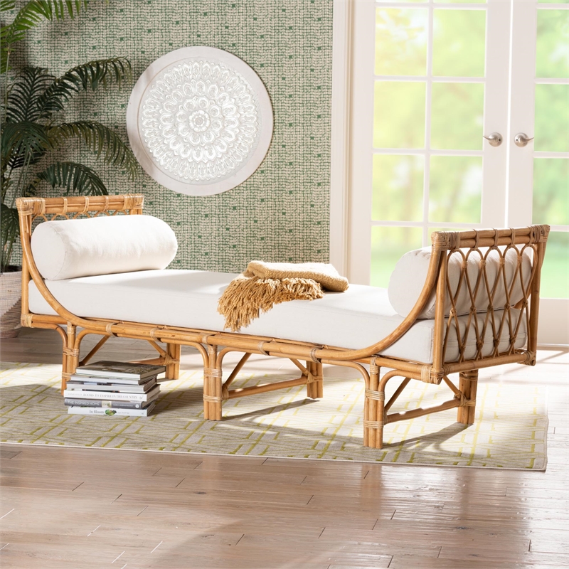 Pemberly Row Contemporary Bohemian Rattan Daybed in Natural Brown
