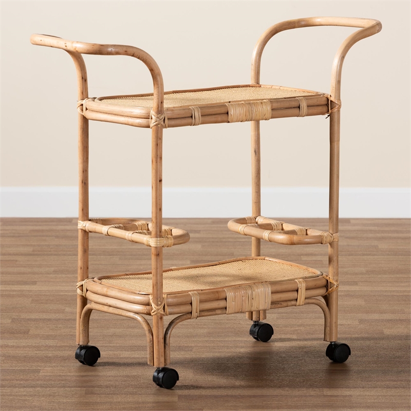 Pemberly Row Contemporary Bohemian Natural Brown Rattan Wine Cart