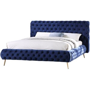 Pemberly Row Modern Tufted Fabric Platform Queen Bed in Blue