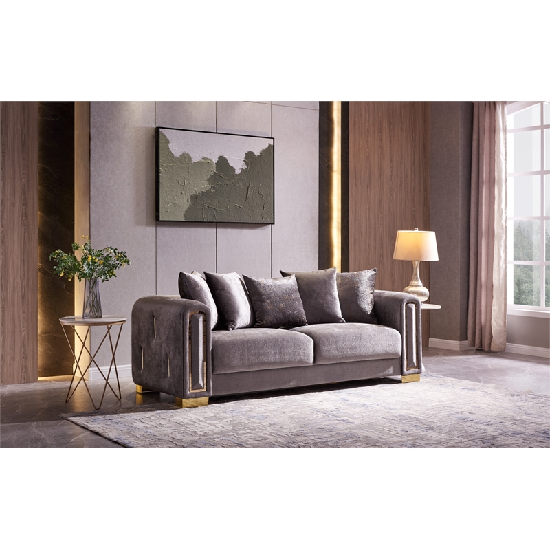 Pemberly Row Thick Velvet Fabric Sofa Made With Wood in Gray