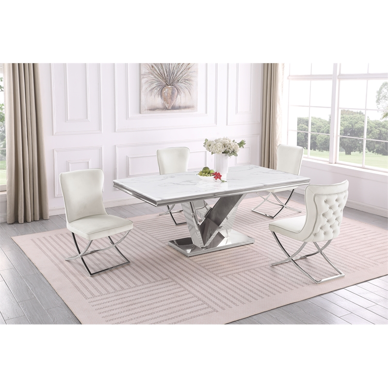 Pemberly Row Modern Beige/Silver Faux Marble Dining Set (5-piece)