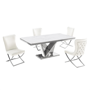 Pemberly Row Modern Beige/Silver Faux Marble Dining Set (5-piece)