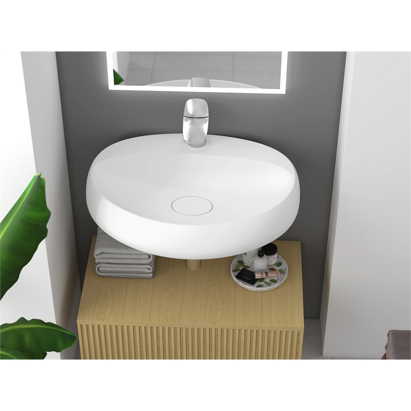Pemberly Row Oval Ceramic Wall Mount Bathroom Sink in Matte White