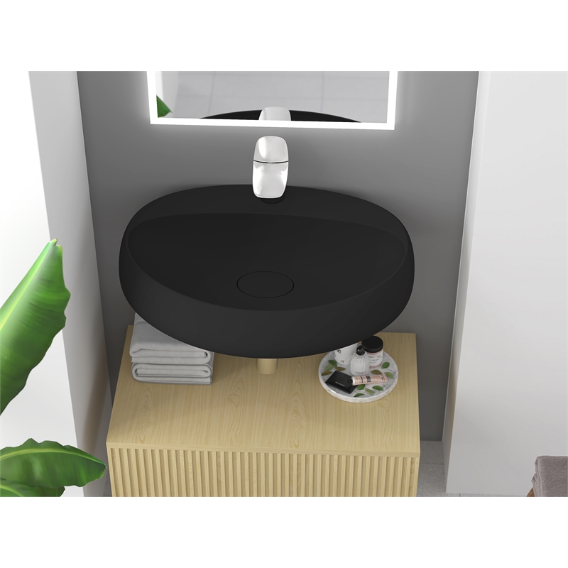 Pemberly Row Oval Ceramic Wall Mount Bathroom Sink in Matte Black