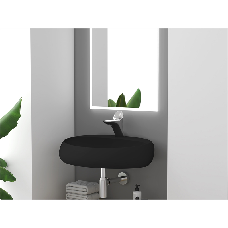 Pemberly Row Oval Ceramic Wall Mount Bathroom Sink in Matte Black