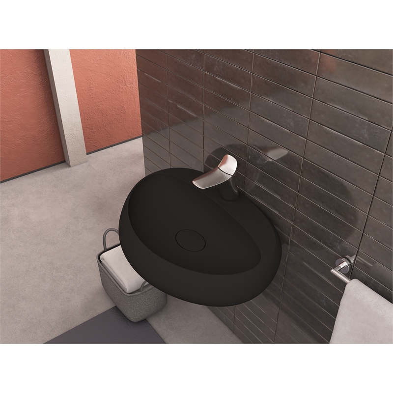 Pemberly Row Oval Ceramic Wall Mount Bathroom Sink in Matte Black