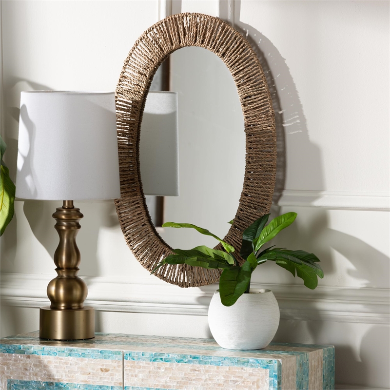 Pemberly Row Metal & Seagrass Accent Wall Mirror in Natural Brown