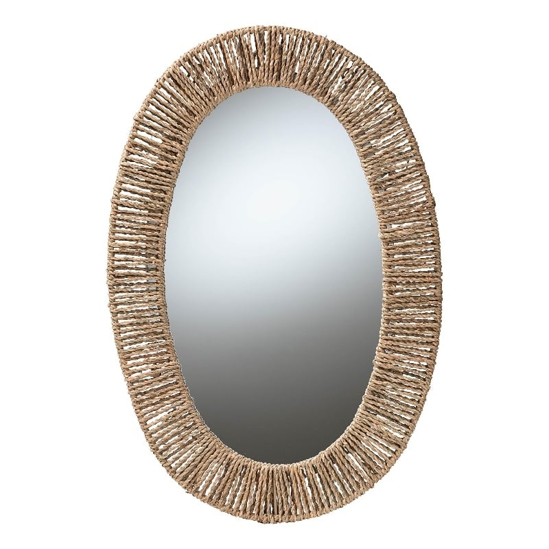 Pemberly Row Metal & Seagrass Accent Wall Mirror in Natural Brown