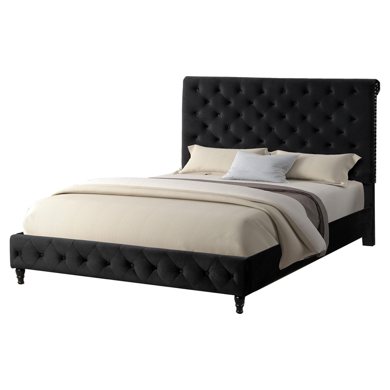 Pemberly Row Tufted Velvet Fabric Queen Platform Bed in Black