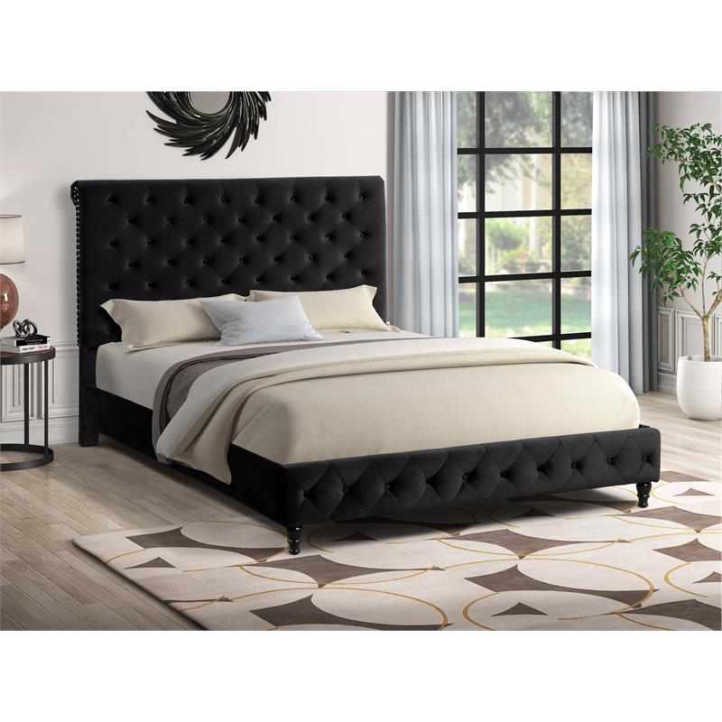 Pemberly Row Tufted Velvet Fabric Queen Platform Bed in Black