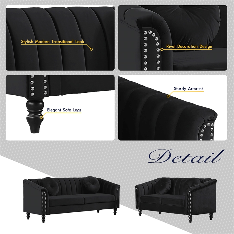 Pemberly Row Modern / Contemporay 2 Piece Living Room Set in Black