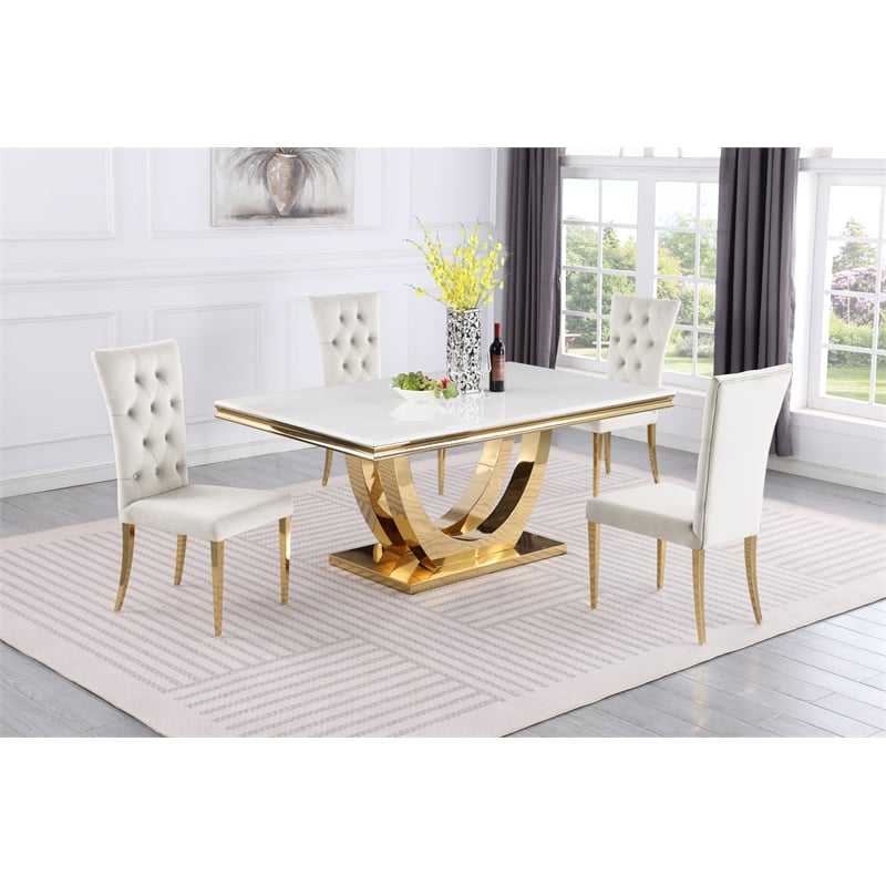 Pemberly Row Modern Beige/Gold Faux Marble Dining Set (5-Piece)
