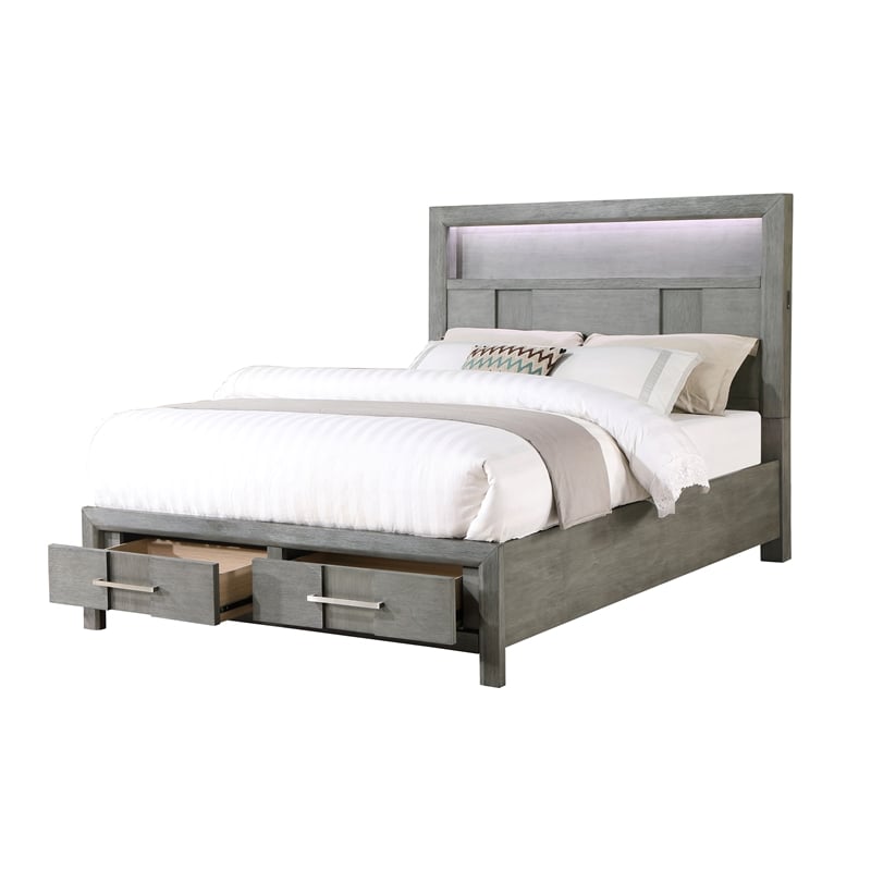 Pemberly Row Modern King Wood Bed & LED Headboard in Gray Color