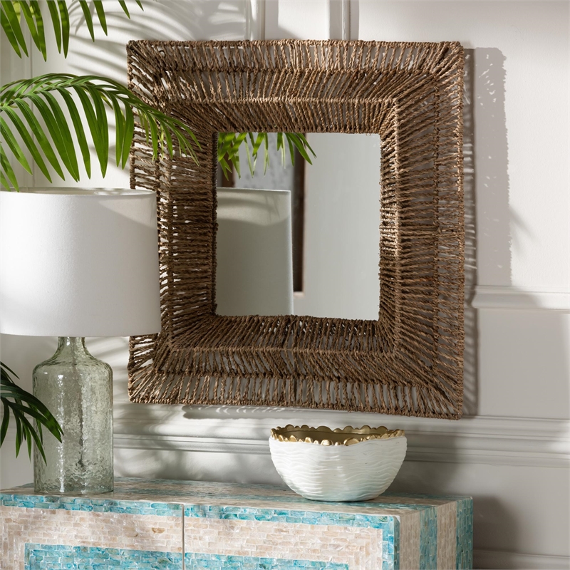 Pemberly Row Metal & Seagrass Accent Wall Mirror in Natural Brown