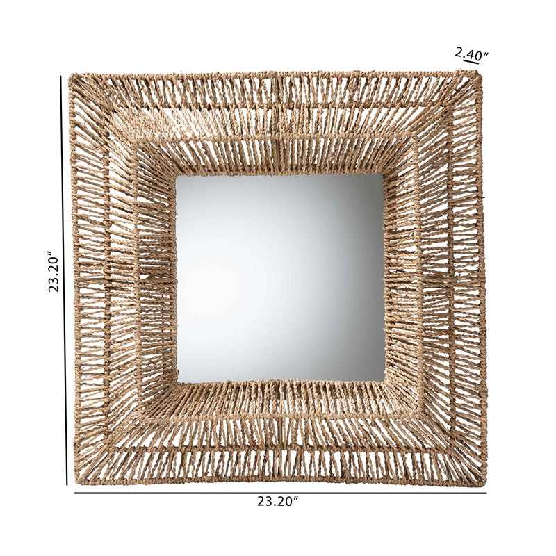 Pemberly Row Metal & Seagrass Accent Wall Mirror in Natural Brown