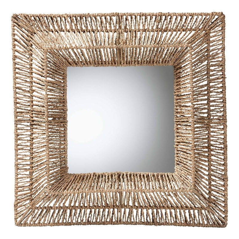 Pemberly Row Metal & Seagrass Accent Wall Mirror in Natural Brown