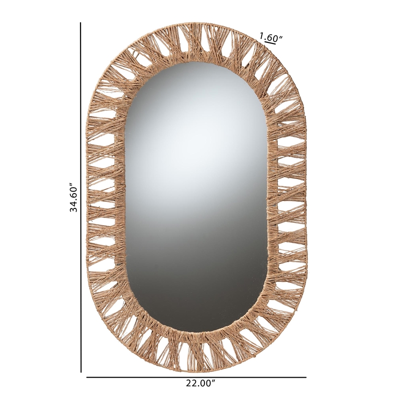 Pemberly Row Metal & Seagrass Accent Wall Mirror in Natural Brown