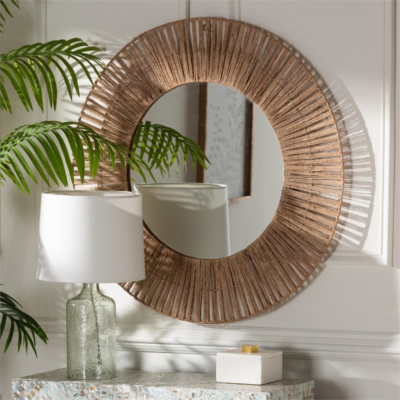 Pemberly Row Metal & Seagrass Accent Wall Mirror in Natural Brown