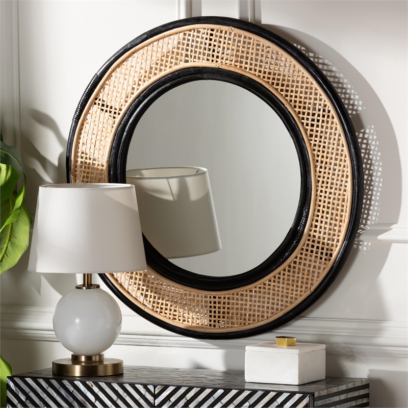 Pemberly Row Rattan Accent Wall Mirror in Black and Natural Brown