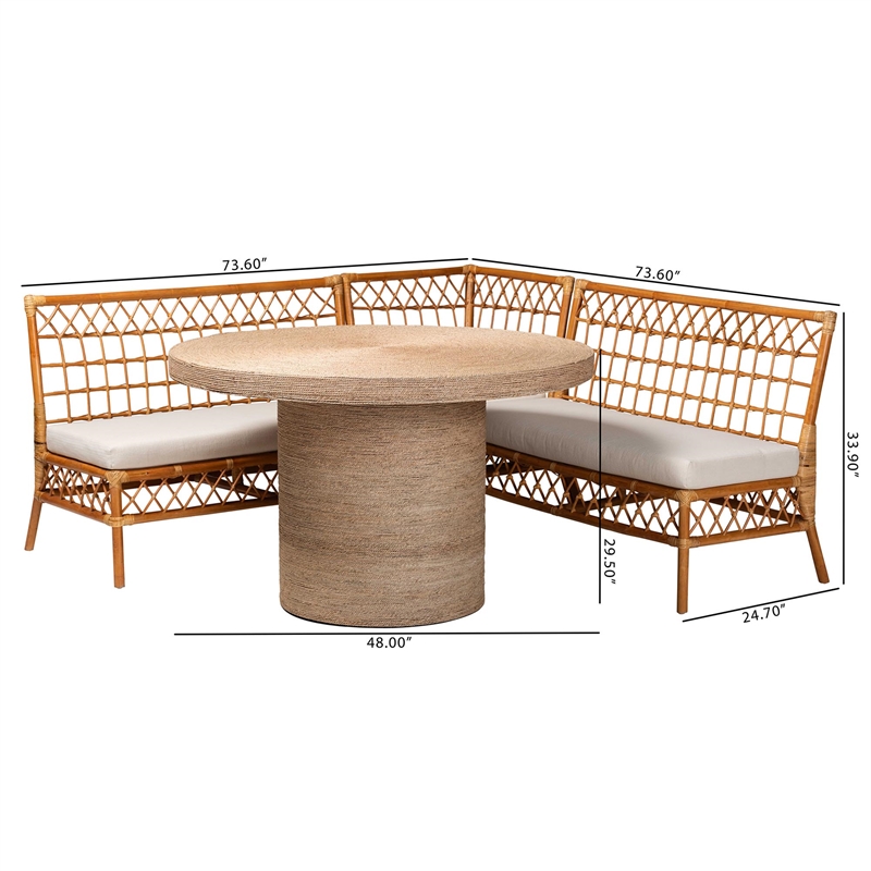 Pemberly Row Modern Bohemian Honey Rattan 4-Piece Dining Nook Set