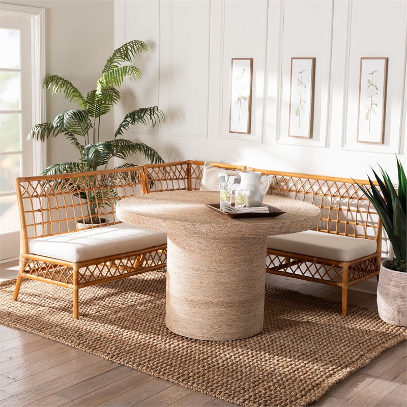 Pemberly Row Modern Bohemian Honey Rattan 4-Piece Dining Nook Set