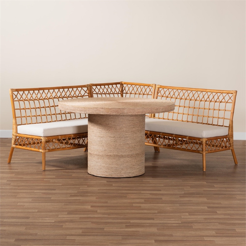 Pemberly Row Modern Bohemian Honey Rattan 4-Piece Dining Nook Set