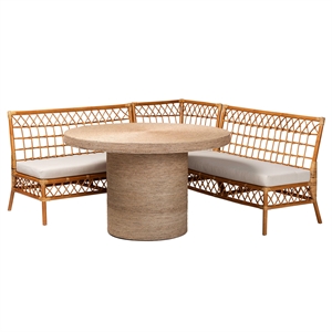 Pemberly Row Modern Bohemian Honey Rattan 4-Piece Dining Nook Set