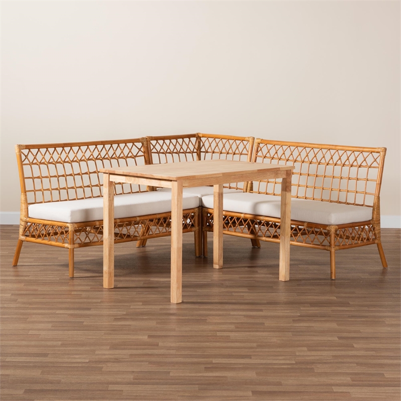 Pemberly Row Modern Bohemian Honey Rattan 4-Piece Dining Nook Set