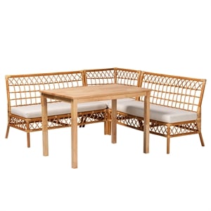 Pemberly Row Modern Bohemian Honey Rattan 4-Piece Dining Nook Set