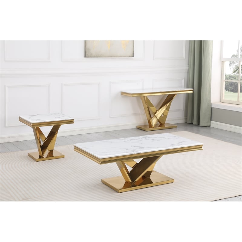 Pemberly Row Modern / Contemporay Gold Square Faux Marble End Table