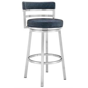 Pemberly Row 30&quot Faux Leather Swivel Bar Stool in Blue/Steel
