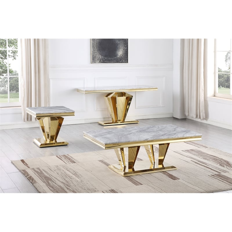 Pemberly Row Modern Crownie Gold Square Faux Marble End Table