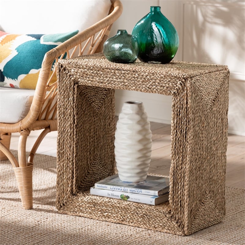 Pemberly Row 1-Shelf Seagrass & Wood End Table in Natural Brown