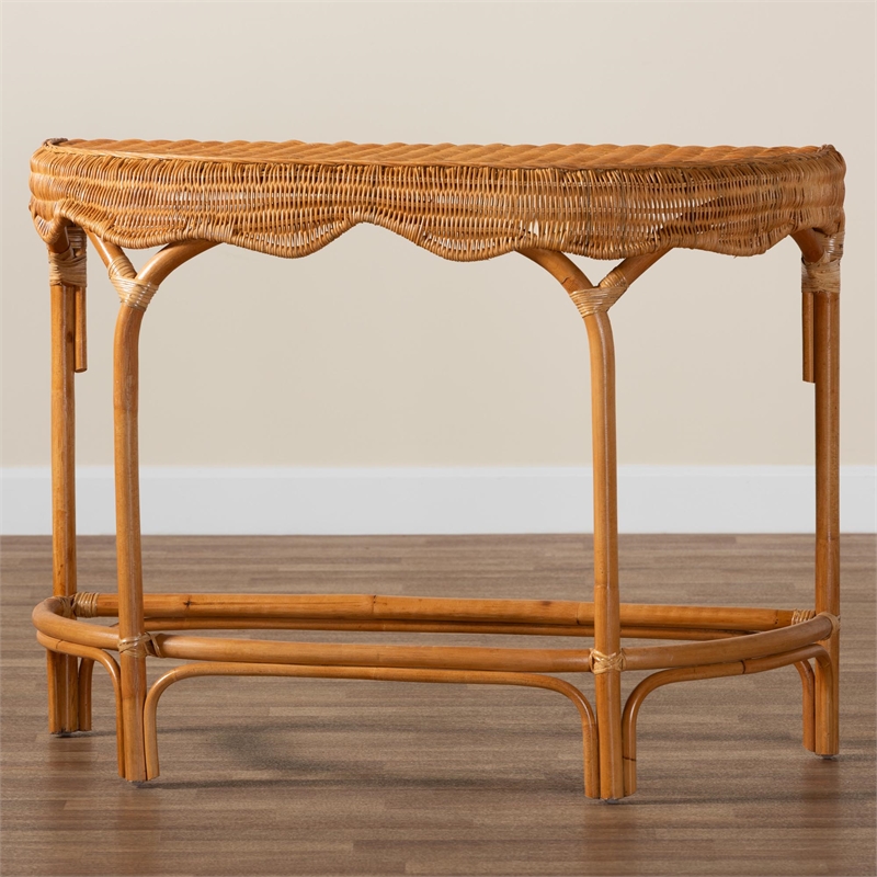 Pemberly Row Modern Bohemian Natural Brown Rattan Console Table