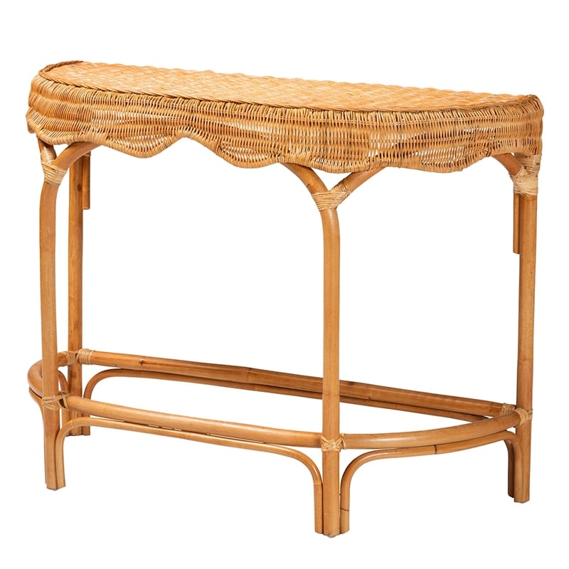 Pemberly Row Modern Bohemian Natural Brown Rattan Console Table