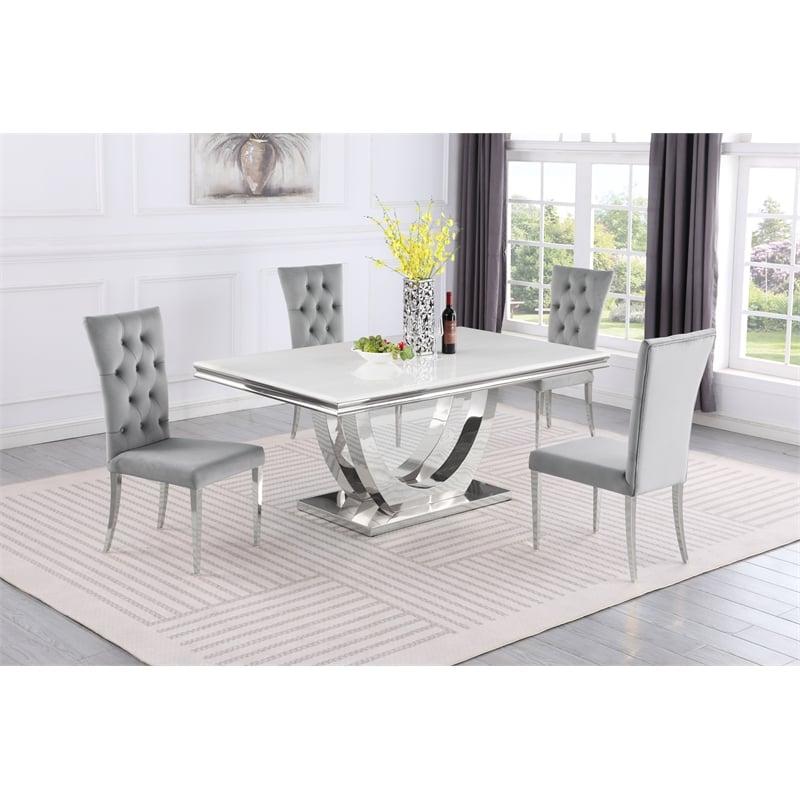 Pemberly Row Silver Faux Marble Pedestal Dining Table (Seats 6)