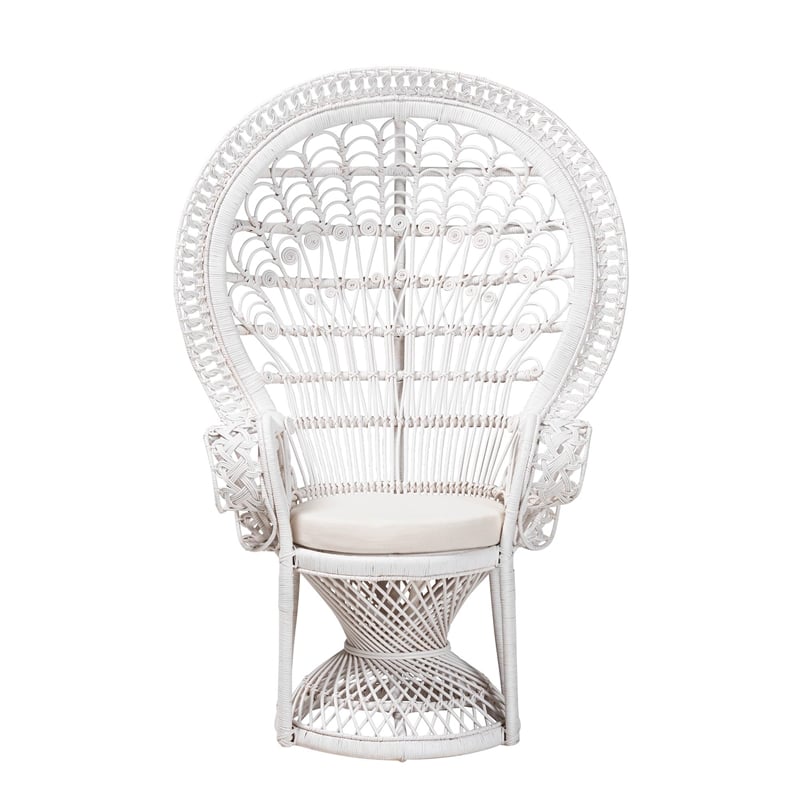 Pemberly Row Modern Bohemian White Natural Rattan Peacock Chair