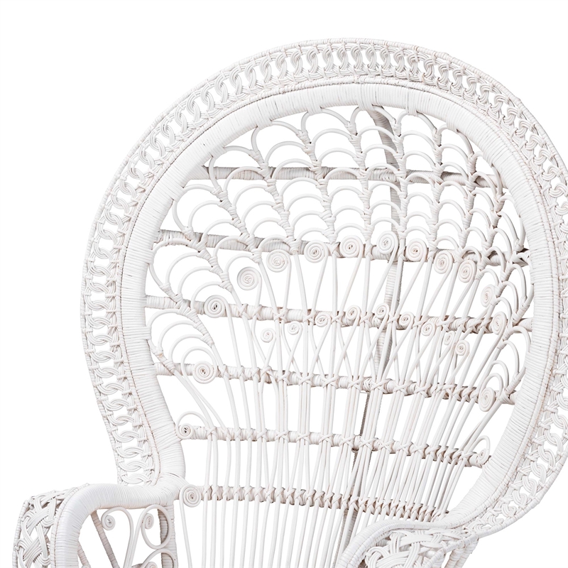 Pemberly Row Modern Bohemian White Natural Rattan Peacock Chair
