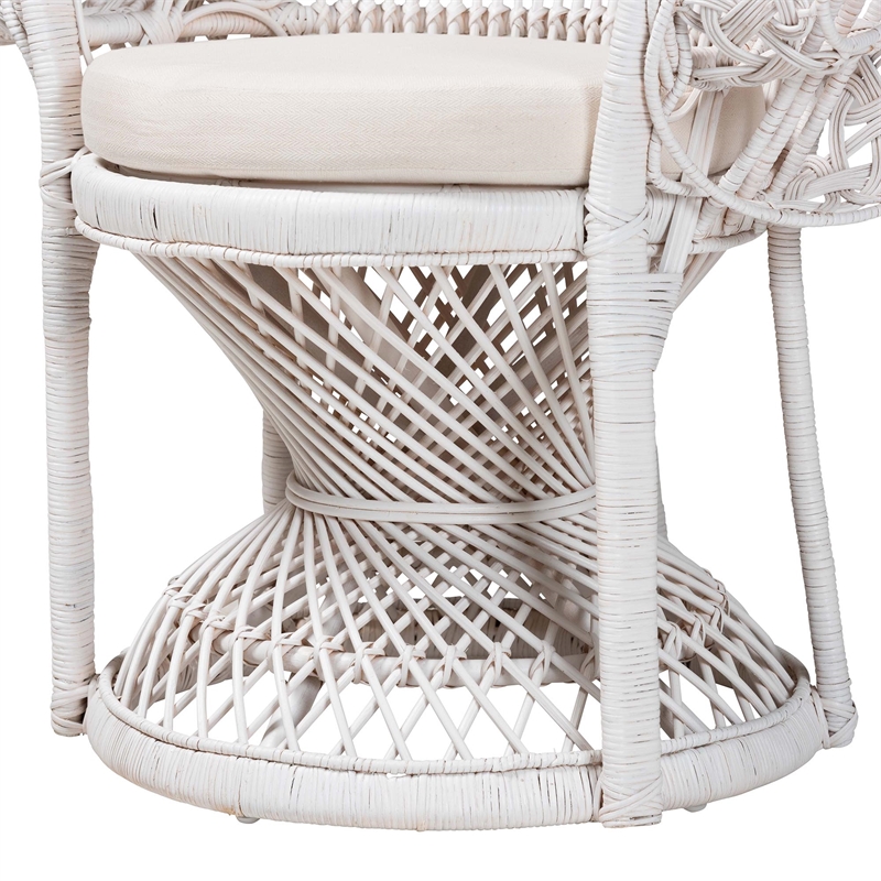 Pemberly Row Modern Bohemian White Natural Rattan Peacock Chair