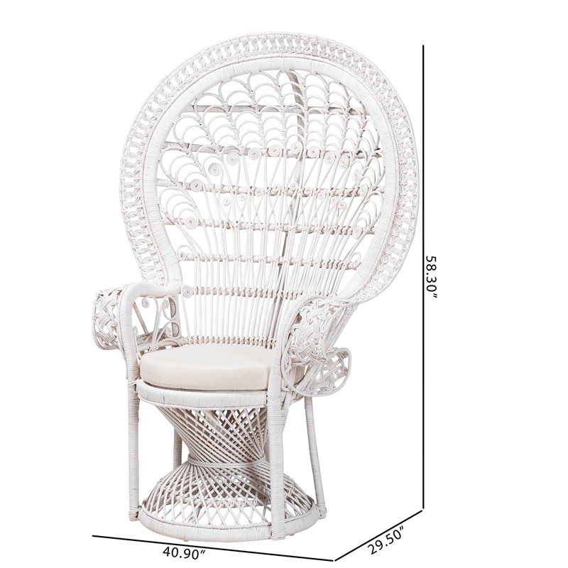 Pemberly Row Modern Bohemian White Natural Rattan Peacock Chair