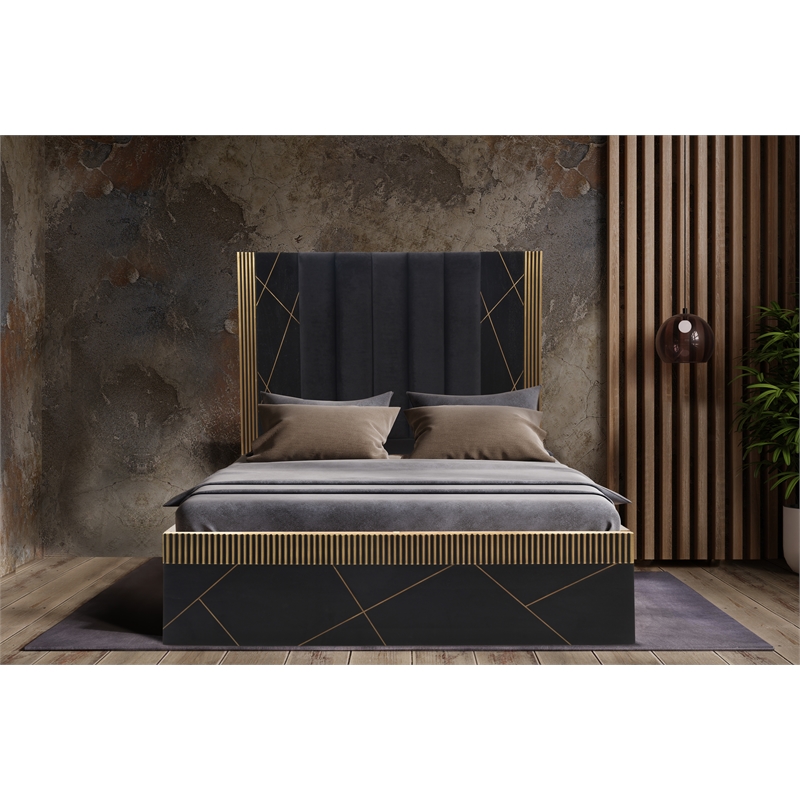 Pemberly Row Modern 5-PC Wood Queen Bedroom Set in Black/Gold