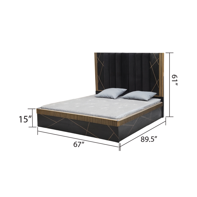 Pemberly Row Modern 5-PC Wood Queen Bedroom Set in Black/Gold