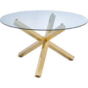Pemberly Row Modern 54&quot Round Tempered Glass Dining Table in Gold
