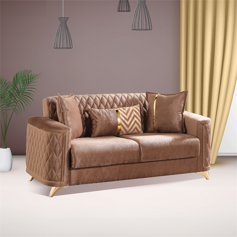 Pemberly Row Contemporary Velvet Fabric Wooden Loveseat in Copper