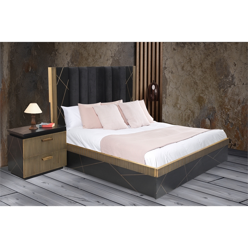 Pemberly Row Contemporary Wood & Metal King Bed in Black and Gold